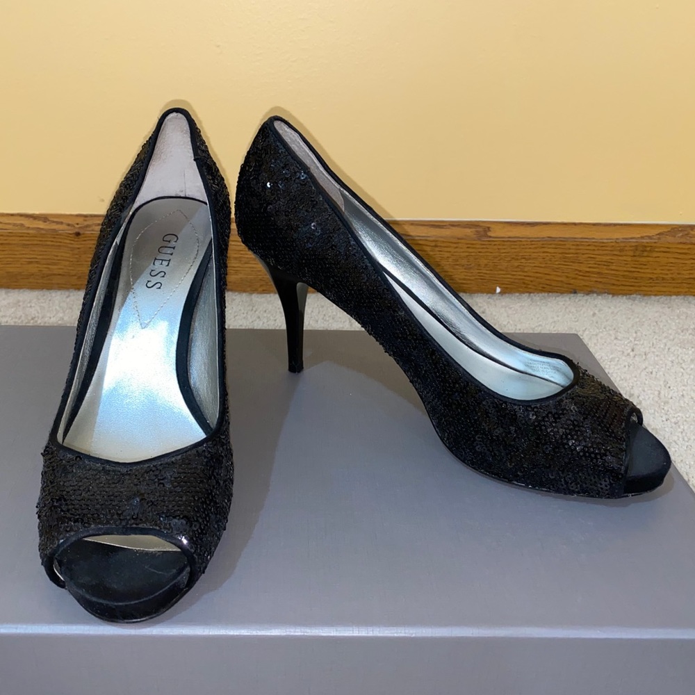 GUESS Open Toe Black Sequin Heels